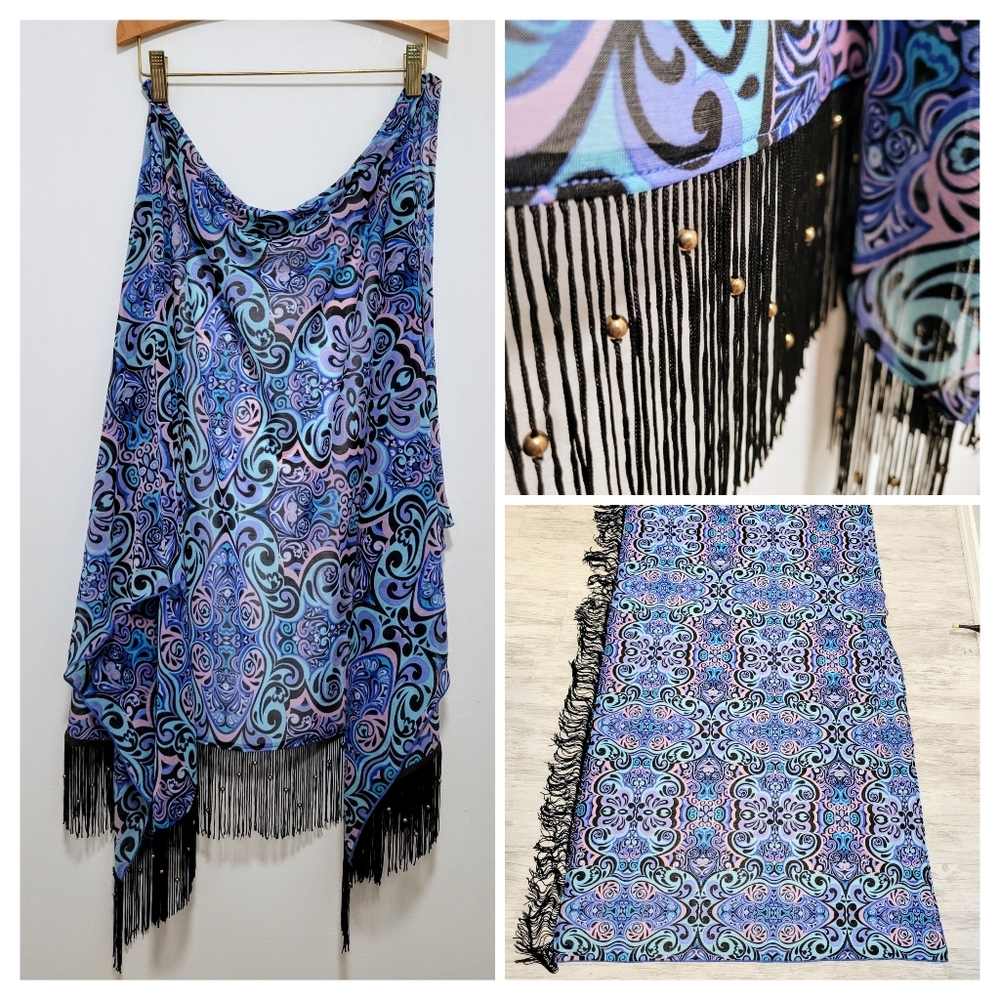 Jantzen Swim Beach Cover-Up Wrap Skirt Sheer Fringed Hem Beachwear Blue 57x28"